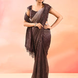 Espresso Brown Metallic Shimmer Net Saree With Elegant Beaded Tassels