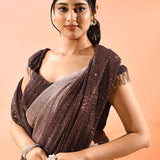 Espresso Brown Metallic Shimmer Net Saree With Elegant Beaded Tassels