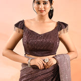 Espresso Brown Metallic Shimmer Net Saree With Elegant Beaded Tassels