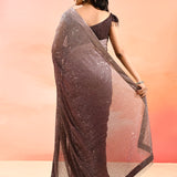 Espresso Brown Metallic Shimmer Net Saree With Elegant Beaded Tassels