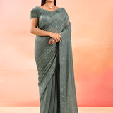 Gunmetal Gray Metallic Shimmer Net Saree With Elegant Beaded Tassels