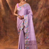 Lavender Purple Embroidered Tussar Saree