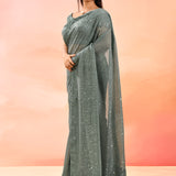 Gunmetal Gray Metallic Shimmer Net Saree With Elegant Beaded Tassels