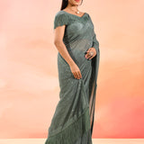 Gunmetal Gray Metallic Shimmer Net Saree With Elegant Beaded Tassels