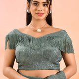 Gunmetal Gray Metallic Shimmer Net Saree With Elegant Beaded Tassels