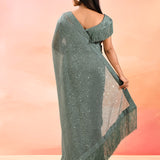 Gunmetal Gray Metallic Shimmer Net Saree With Elegant Beaded Tassels