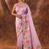 Pastel Purple Floral Embroidered Tissue Silk Saree
