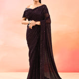 Mud Brown Metallic Shimmer Net Saree With Elegant Beaded Tassels