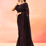 Mud Brown Metallic Shimmer Net Saree With Elegant Beaded Tassels