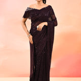 Mud Brown Metallic Shimmer Net Saree With Elegant Beaded Tassels