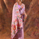 Pastel Purple Floral Embroidered Tissue Silk Saree