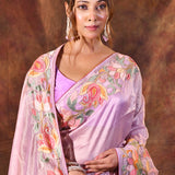 Pastel Purple Floral Embroidered Tissue Silk Saree