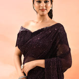 Mud Brown Metallic Shimmer Net Saree With Elegant Beaded Tassels