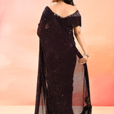 Mud Brown Metallic Shimmer Net Saree With Elegant Beaded Tassels