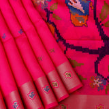 Hot Pink Banarasi Silk Saree With Shikargah Weave Pallu & Copper Zari Border