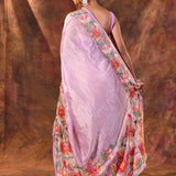 Pastel Purple Floral Embroidered Tissue Silk Saree