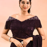 Mud Brown Metallic Shimmer Net Saree With Elegant Beaded Tassels