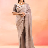 Beige With Ribbed Pleats With Embroidery Waist Belt Velvet Designer Saree