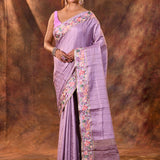 Lilac Purple Embroidered Tussar Saree