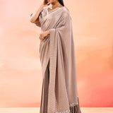 Beige With Ribbed Pleats With Embroidery Waist Belt Velvet Designer Saree