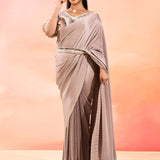 Beige With Ribbed Pleats With Embroidery Waist Belt Velvet Designer Saree