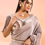 Beige With Ribbed Pleats With Embroidery Waist Belt Velvet Designer Saree