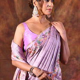 Lilac Purple Embroidered Tussar Saree