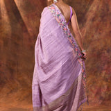Lilac Purple Embroidered Tussar Saree