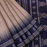 Beige And Navy Blue Ikat Woven Pure Tussar Silk Banarasi Saree With Contrast Border