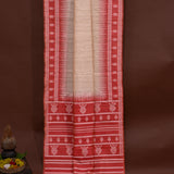 Beige & Red Banarasi Tussar Silk Saree With Ikat Weave Pallu & Contrast Border