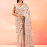 Soft Peach Embroidered Sequin Net Saree With Floral Blouse