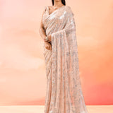 Soft Peach Embroidered Sequin Net Saree With Floral Blouse