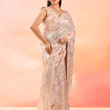 Soft Peach Embroidered Sequin Net Saree With Floral Blouse
