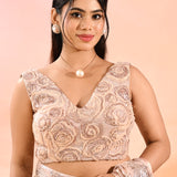 Soft Peach Embroidered Sequin Net Saree With Floral Blouse