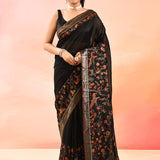 Midnight Black With Multicolour Floral And Birds Woven Pallu Kani Silk Saree
