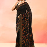 Midnight Black With Multicolour Floral And Birds Woven Pallu Kani Silk Saree