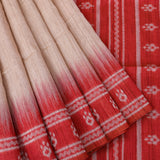 Beige & Red Banarasi Tussar Silk Saree With Ikat Weave Pallu & Contrast Border