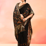 Midnight Black With Multicolour Floral And Birds Woven Pallu Kani Silk Saree