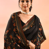 Midnight Black With Multicolour Floral And Birds Woven Pallu Kani Silk Saree