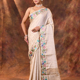 Creamish White Embroidered Tussar Saree