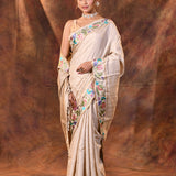Creamish White Embroidered Tussar Saree