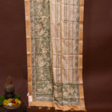 Beige & Olive Tussar Silk Saree With Kalamkari Duck & Floral Hand Painted Design