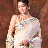 Creamish White Embroidered Tussar Saree