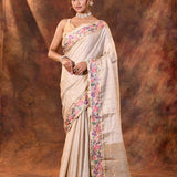 Soft White Embroidered Tussar Saree