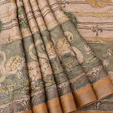 Beige & Olive Tussar Silk Saree With Kalamkari Duck & Floral Hand Painted Design