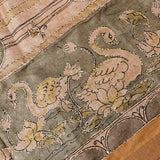 Beige & Olive Tussar Silk Saree With Kalamkari Duck & Floral Hand Painted Design