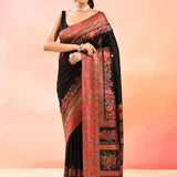 Midnight Black With Multicolour Floral Woven Border Kani Silk Saree