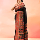 Midnight Black With Multicolour Floral Woven Border Kani Silk Saree
