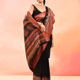 Midnight Black With Multicolour Floral Woven Border Kani Silk Saree