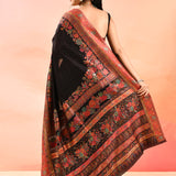 Midnight Black With Multicolour Floral Woven Border Kani Silk Saree